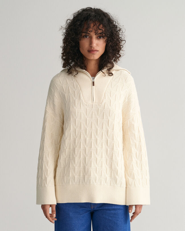 Maglia con motivo a spina di pesce con zip corta