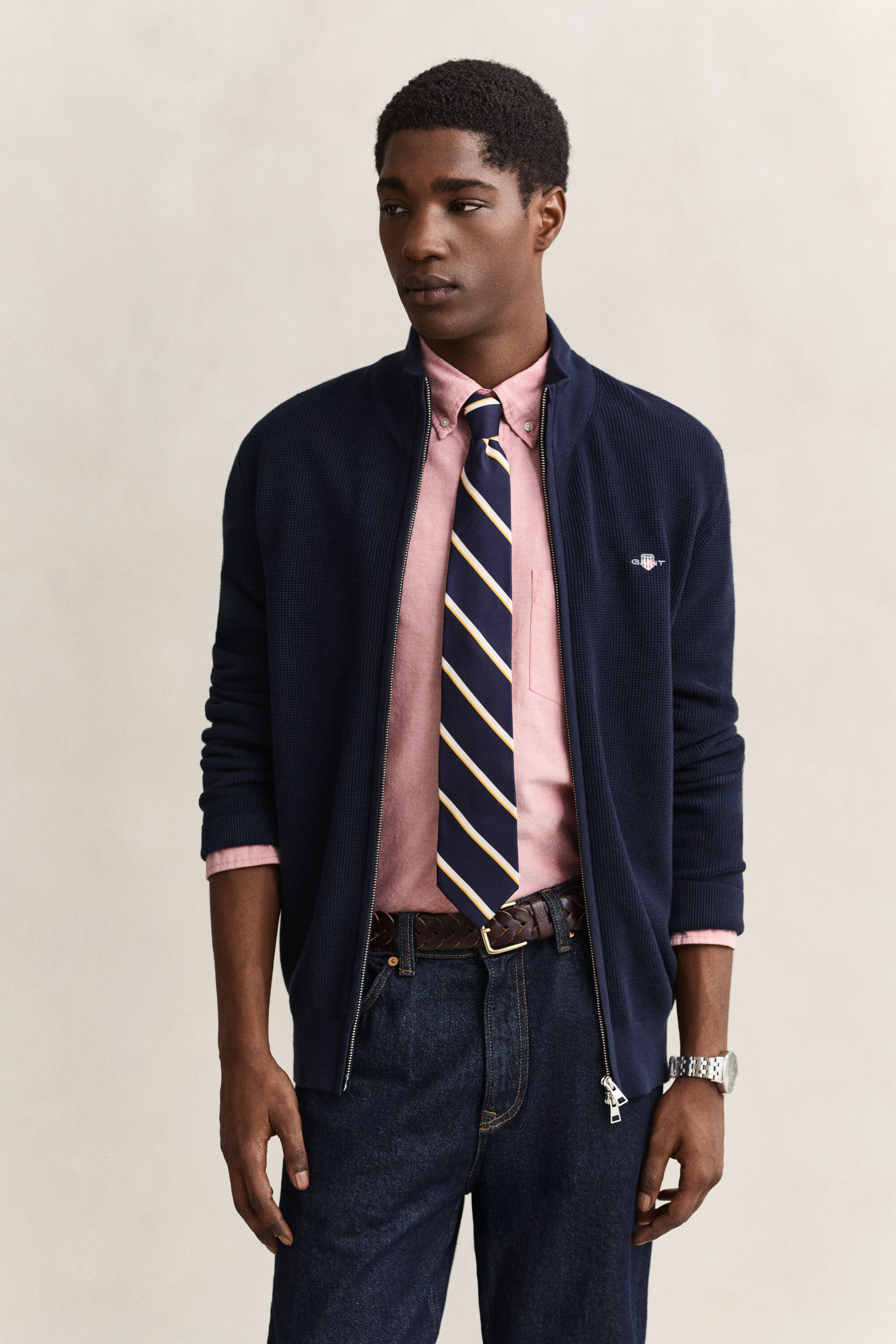 Cardigan con zip in cotone testurizzato