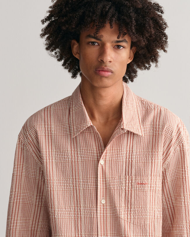 Camicia a maniche corte a quadri in seersucker relaxed fit