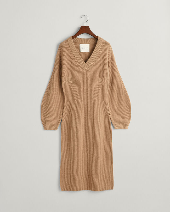 Abito con scollo a V in lana a coste