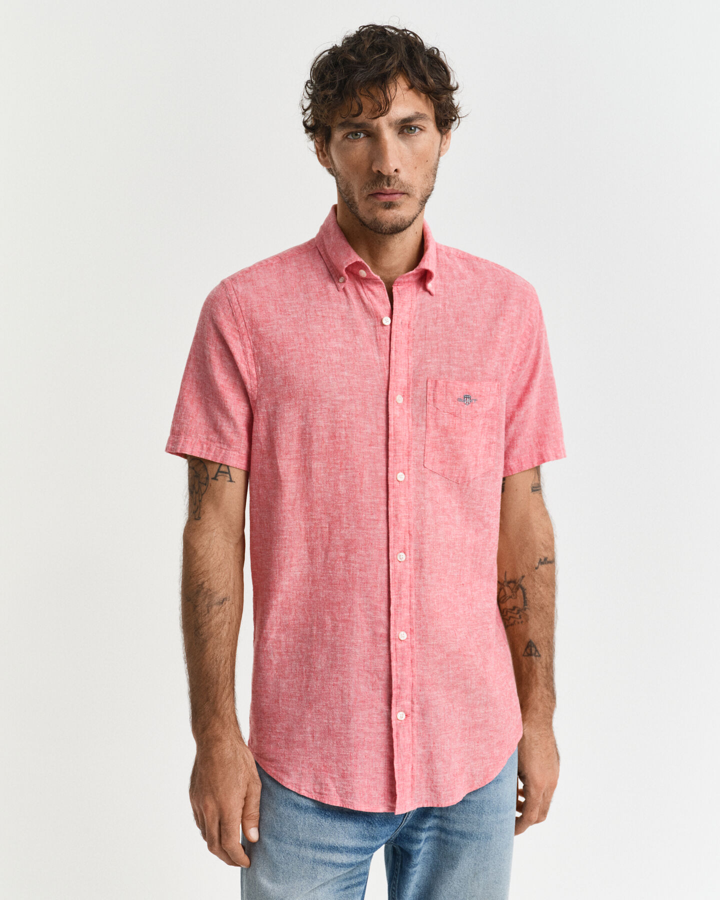 Camicia a maniche corte in misto cotone-lino regular fit