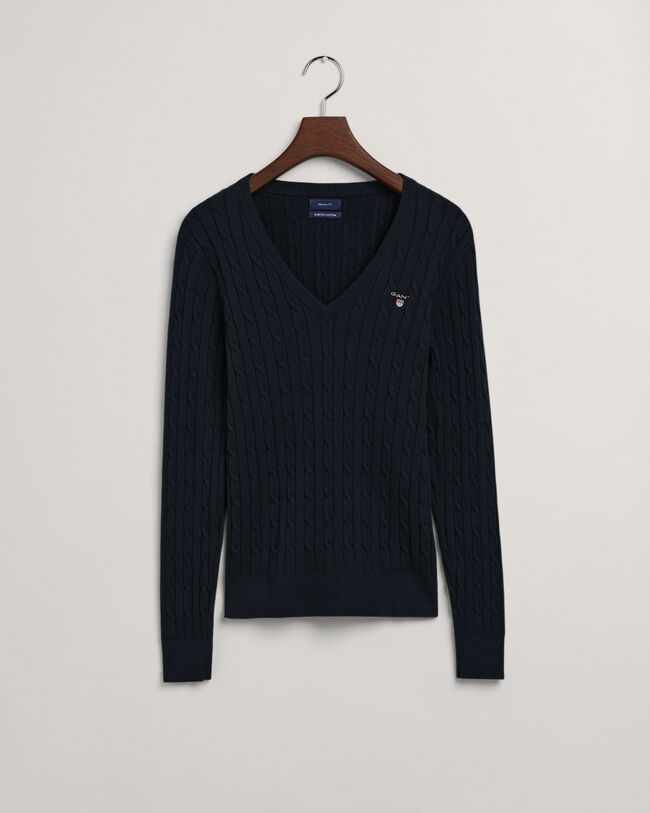 Maglia con scollo a V in cotone elasticizzato a trecce