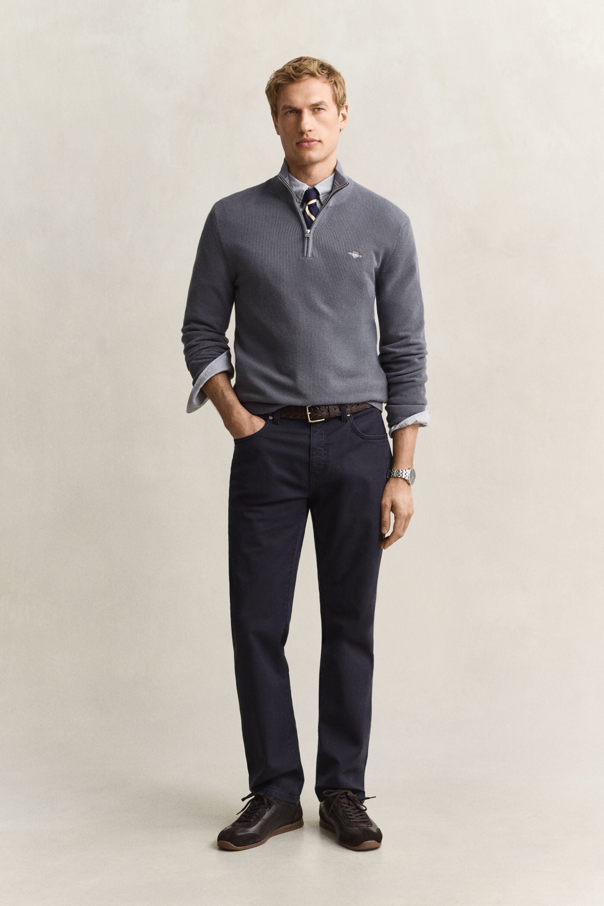 Maglia in cotone testurizzato con zip corta