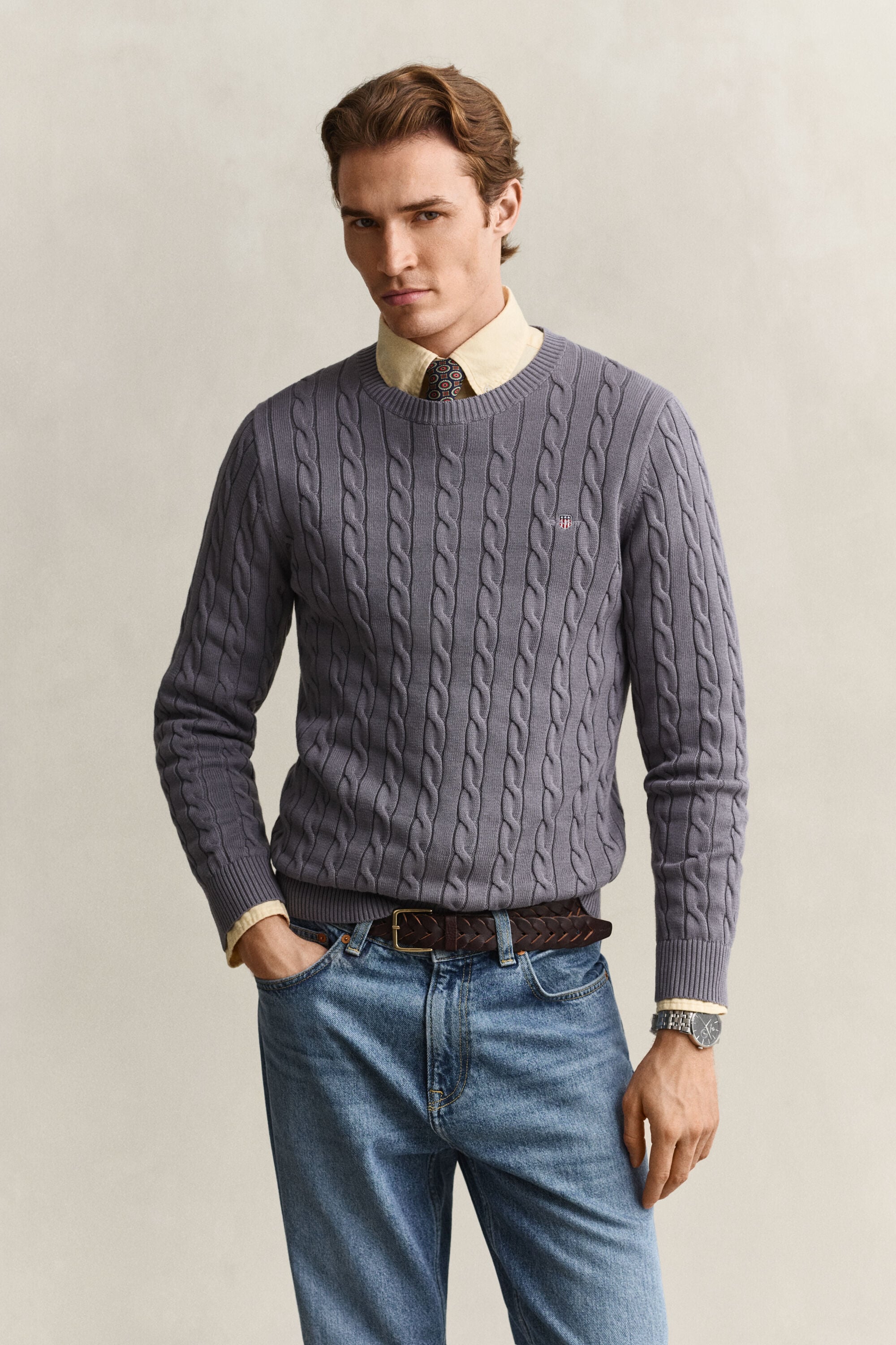 Maglia girocollo in cotone a trecce
