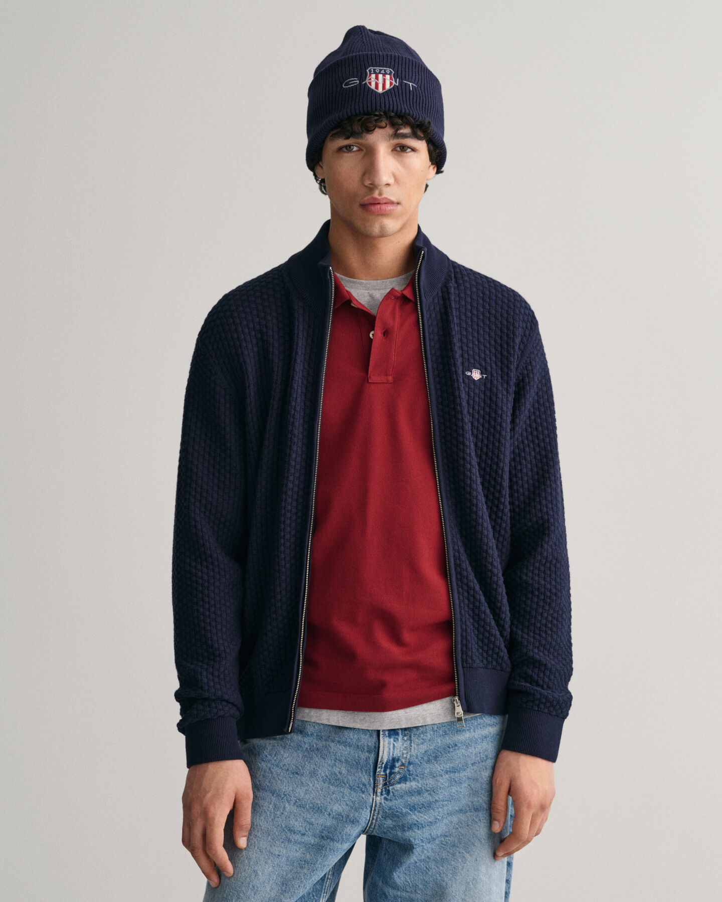 Cardigan con zip in cotone testurizzato