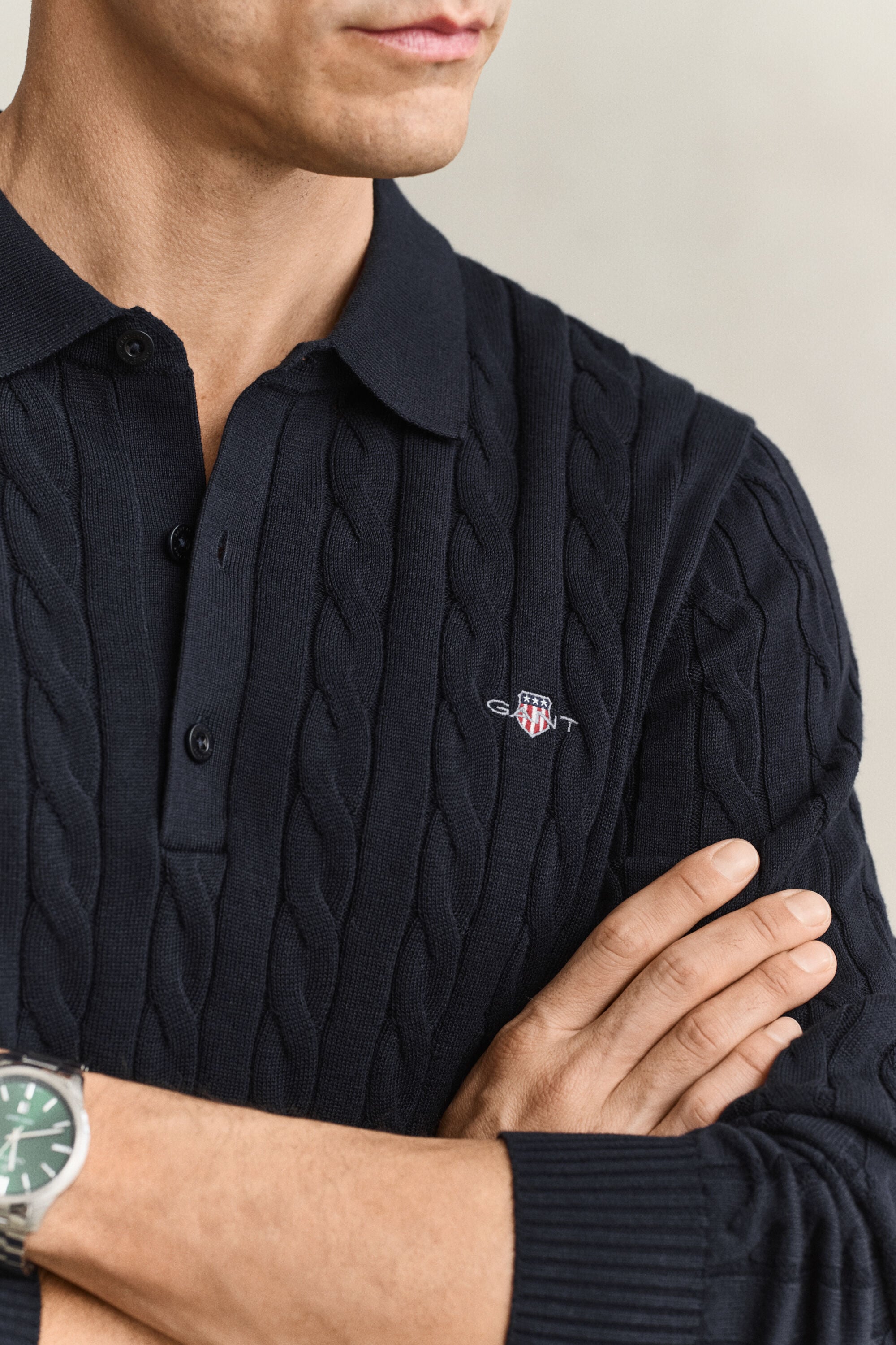 Polo in maglia a trecce in cotone
