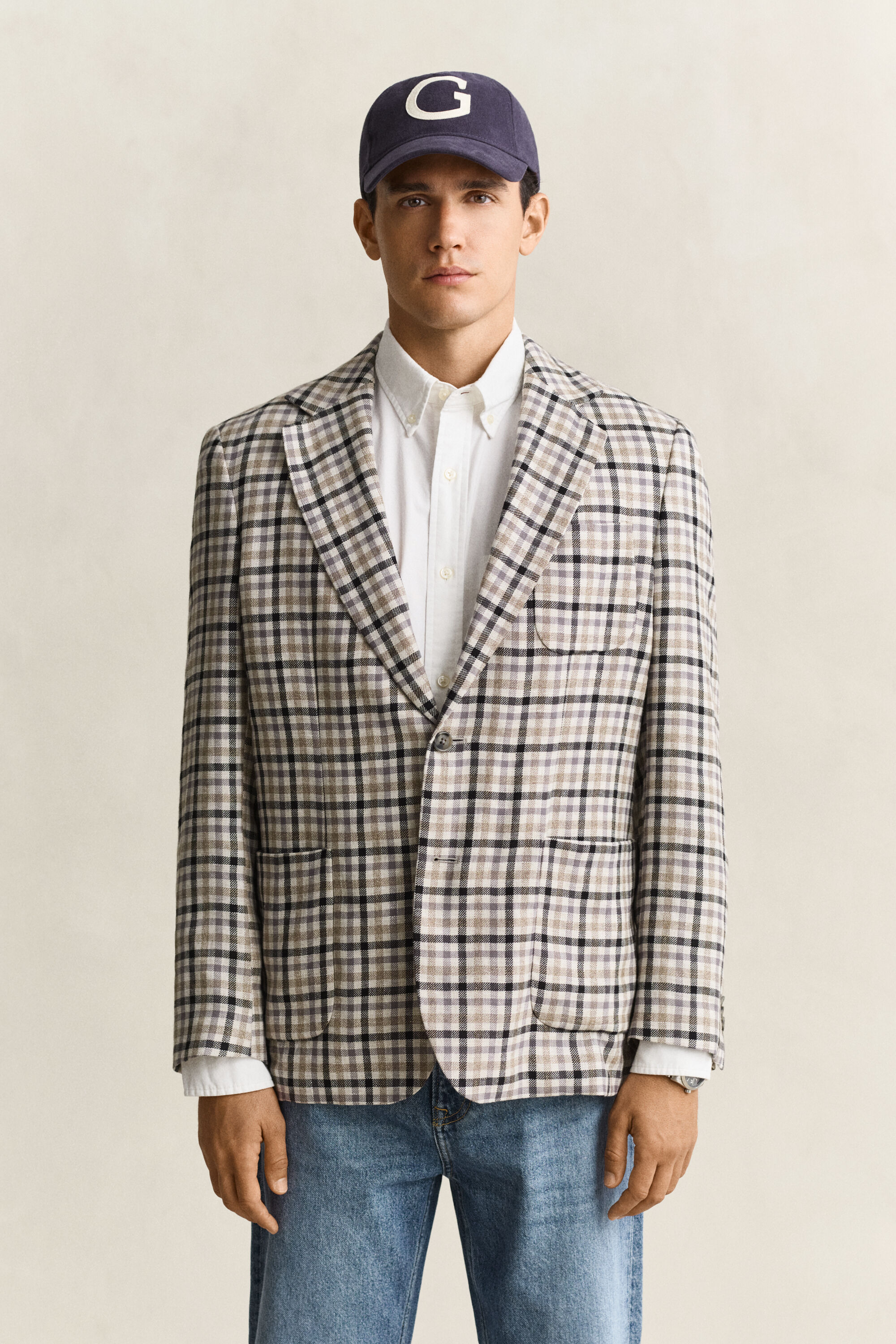 Blazer a quadri in lana e lino