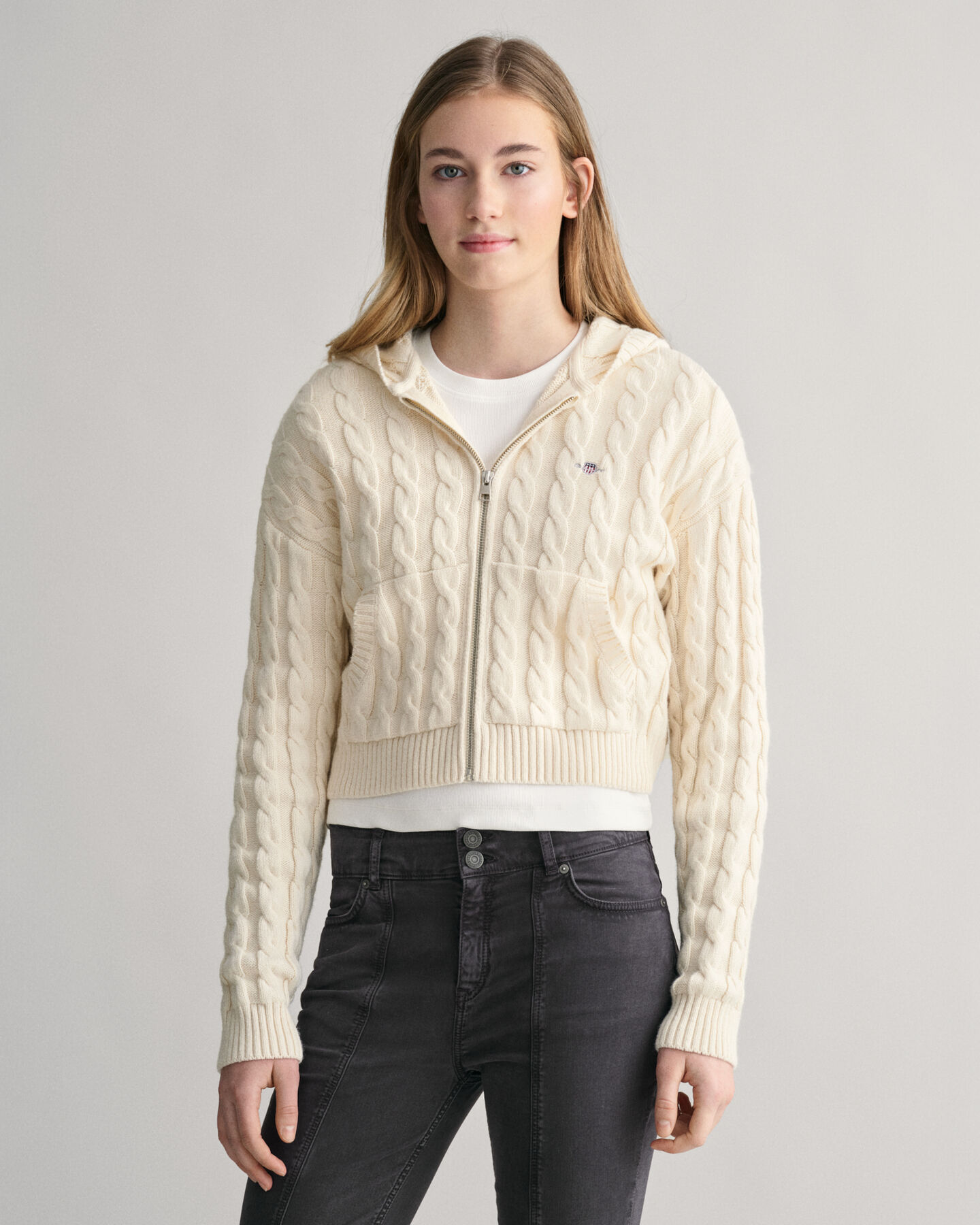 Felpa corta con cappuccio e zip in maglia a trecce Shield Teen Girls