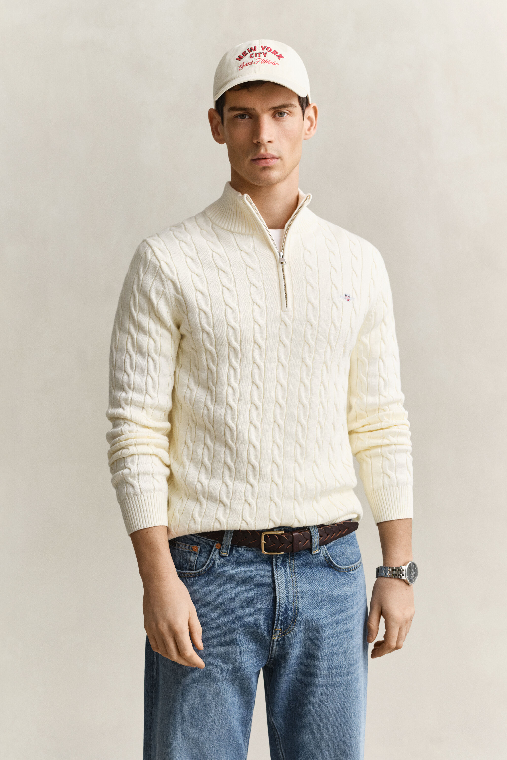 Maglia con zip corta in cotone a trecce