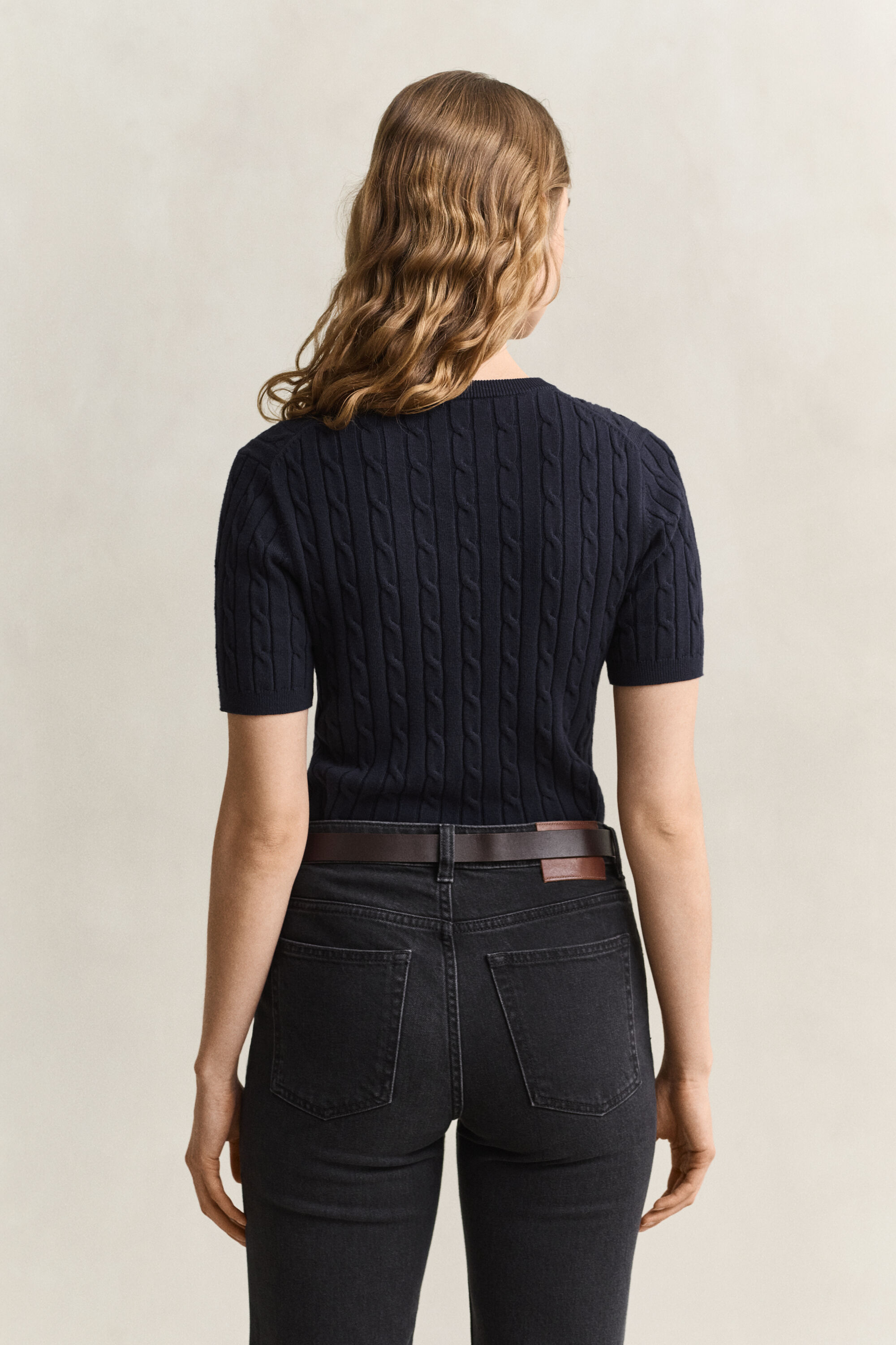 Maglia a trecce maniche corte in cotone elasticizzato