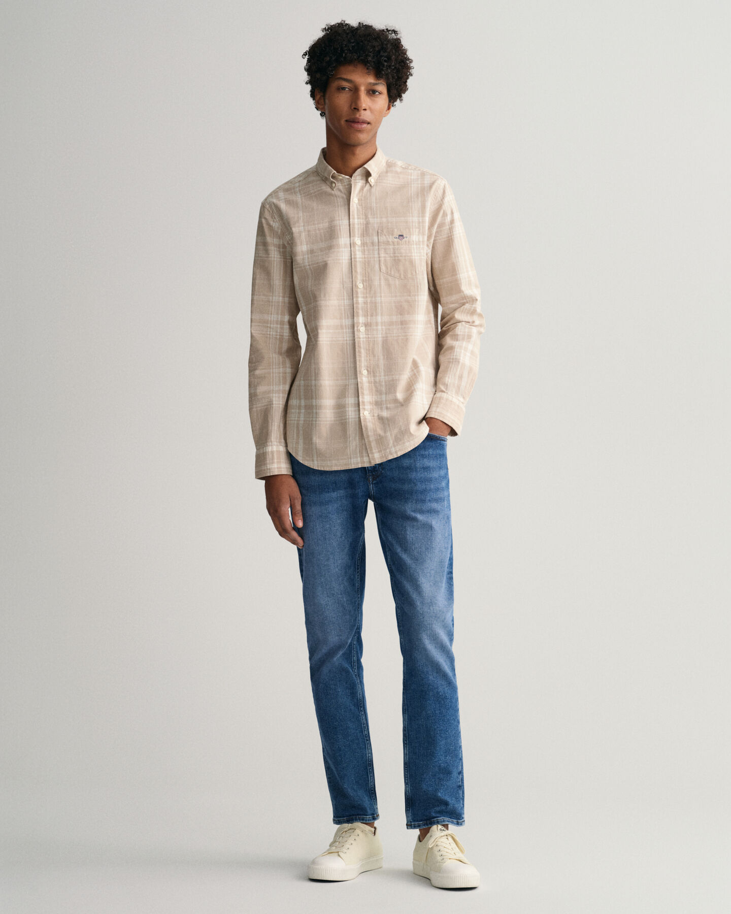 Camicia in misto lino-cotone a quadri regular fit