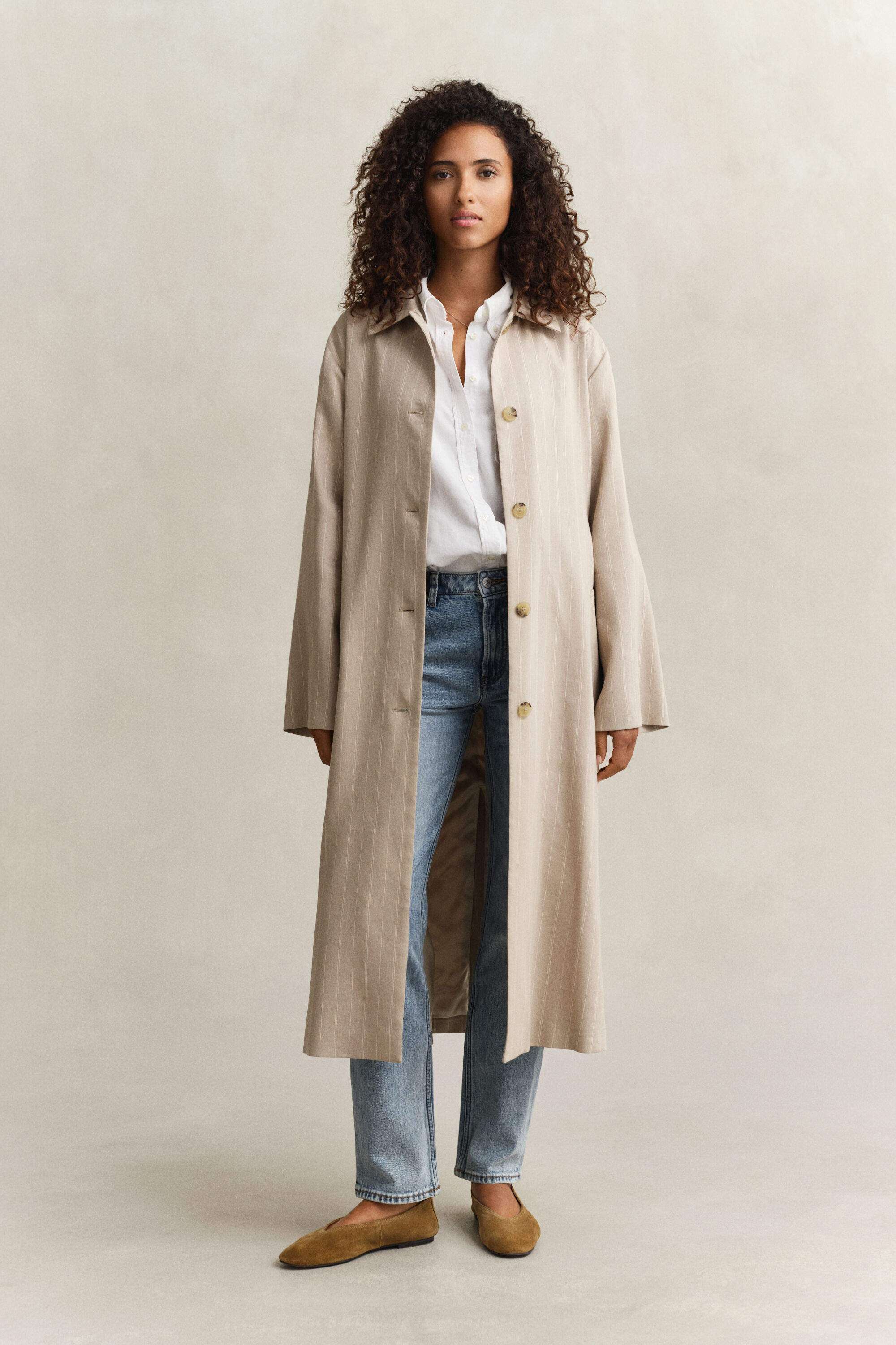 Cappotto gessato in misto lino