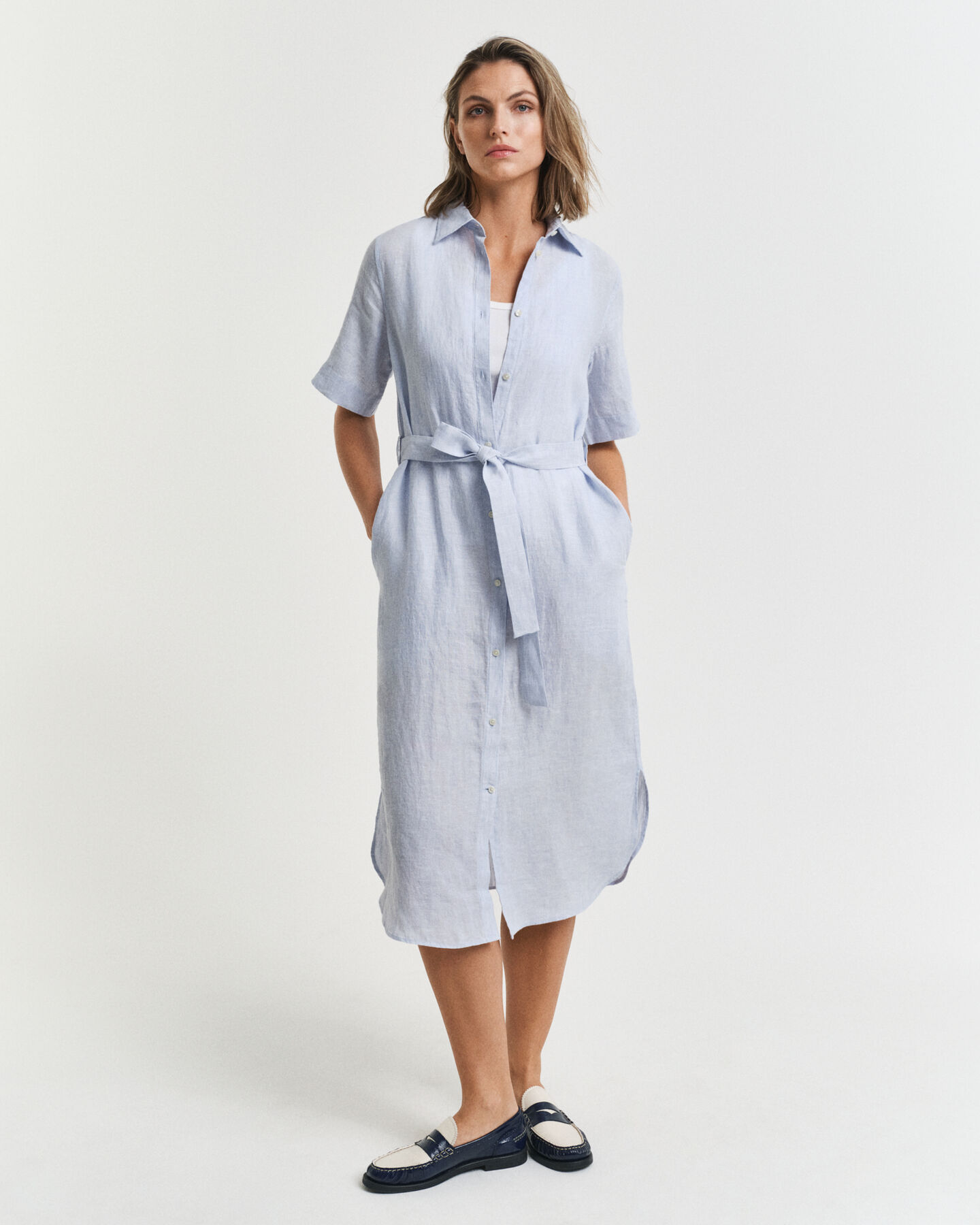 Abito chemisier in lino a maniche corte
