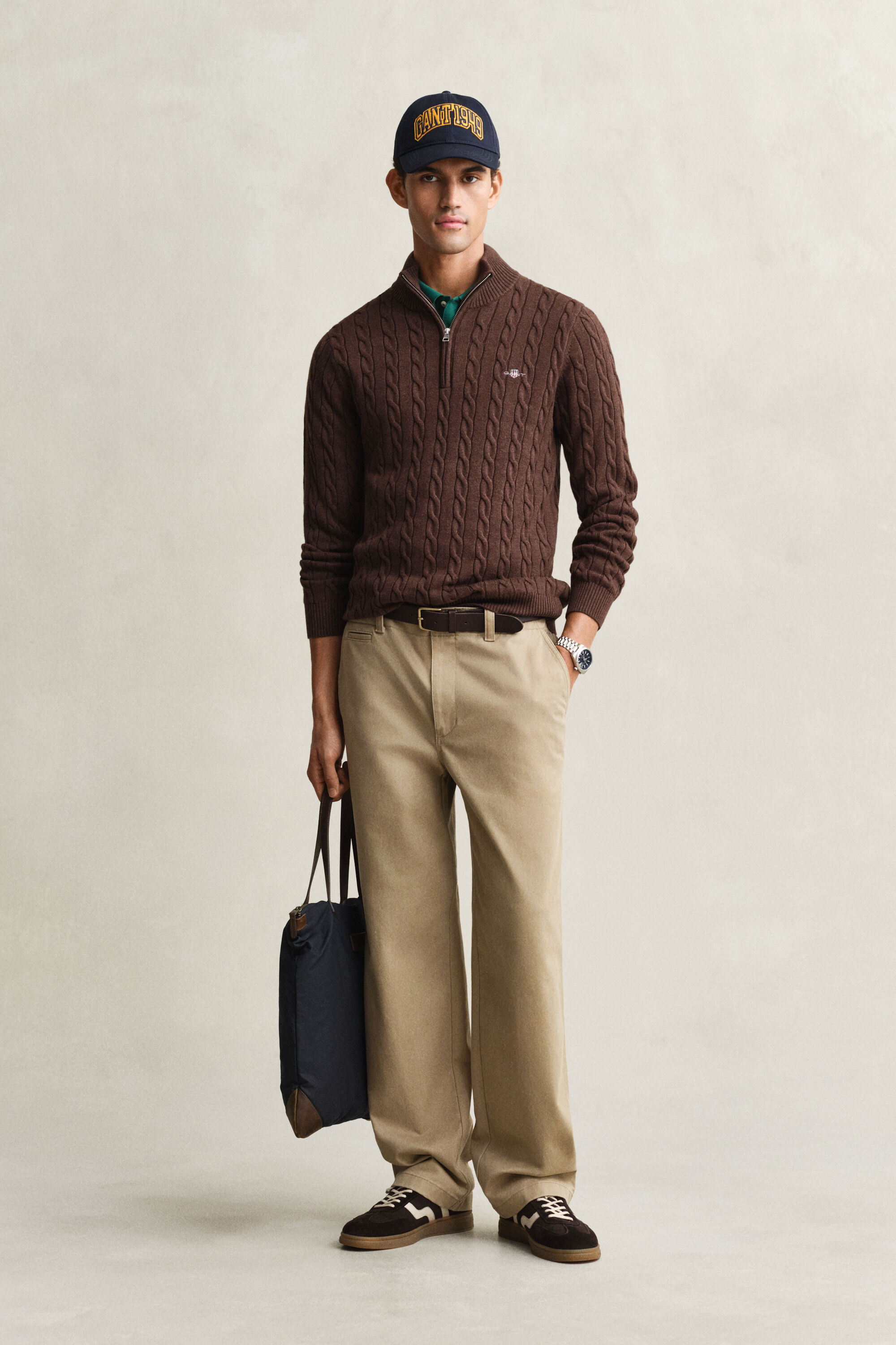 Maglia con zip corta in cotone a trecce