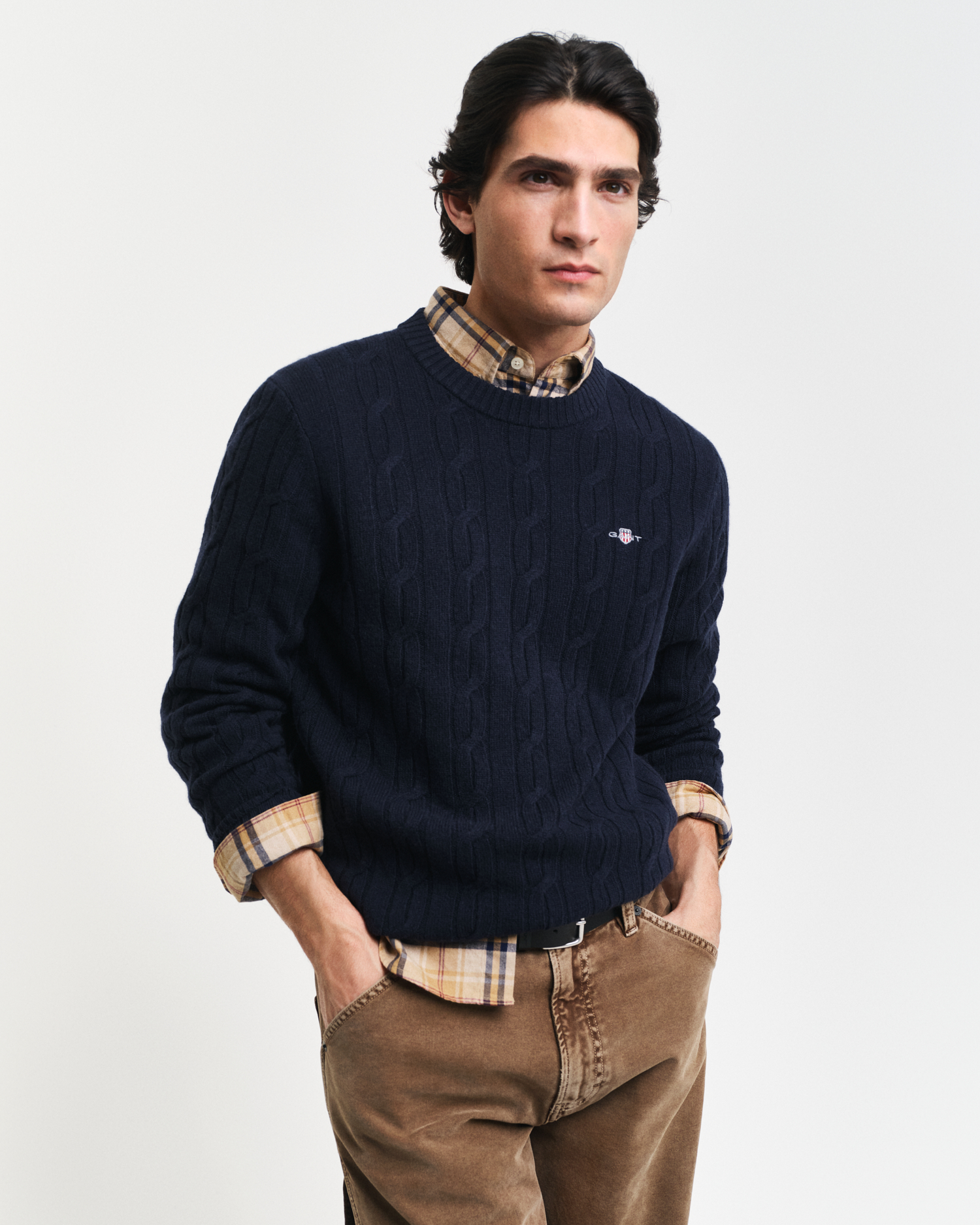 Maglione Girocollo Uomo Lyle & Scott In Misto Lana D'agnello (80% Lana, 20% Nylon) Con Motivo A Trecce E Aquila Dorata